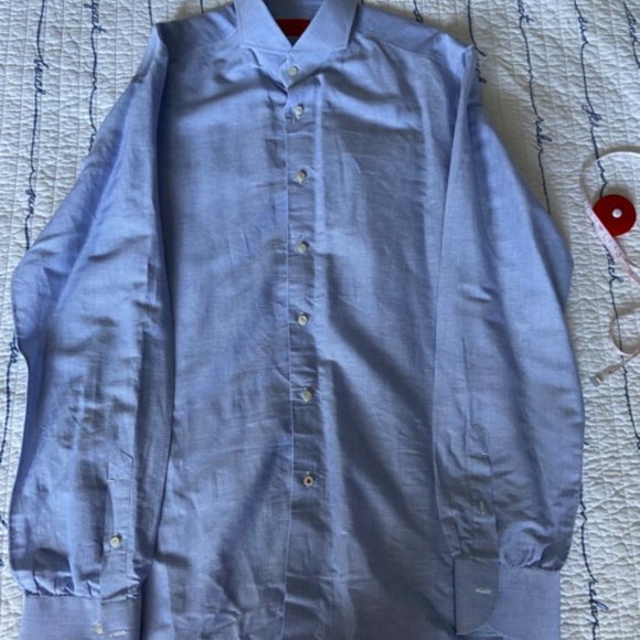 Isaia Men's Blue Pinstripe Dress Shirt in Sz 17 EUC - Picture 4 of 15